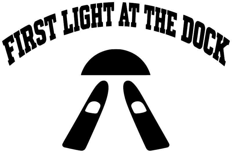 Vinyl decal close-up: “FIRST LIGHT AT THE DOCK” text arch with tent icon