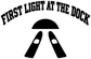 Vinyl decal close-up: “FIRST LIGHT AT THE DOCK” text arch with tent icon