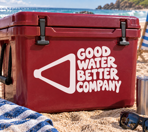 Red water ski themed vinyl decal with 'GOOD WATER BETTER COMPANY' on cooler