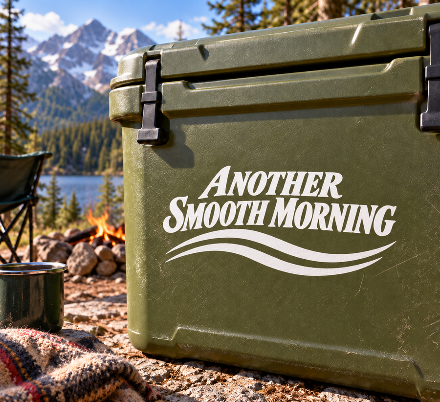 Vinyl decal with 'Another Smooth Morning' text and wave graphic on green surface