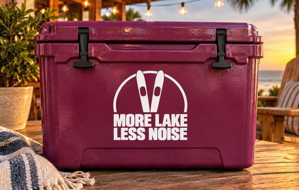 Water ski vinyl decal: More Lake Less Noise text with circular ski logo.