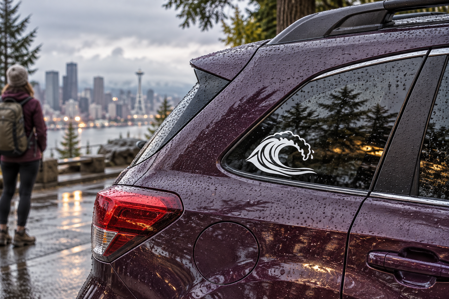 Open barrel vinyl decal with black wave and white foam lines on window