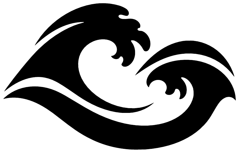 Vinyl decal graphic in black and white, curling wave swirl with fin-like accents