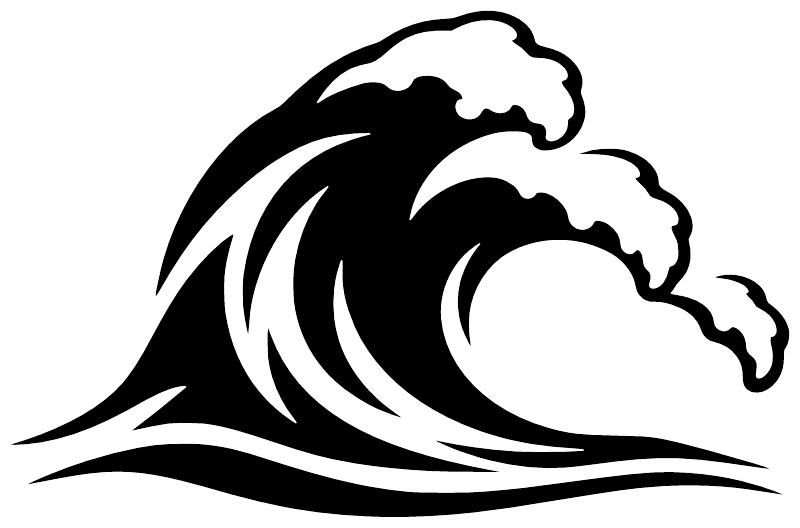 Vinyl decal design of black wave with white crest and curled head