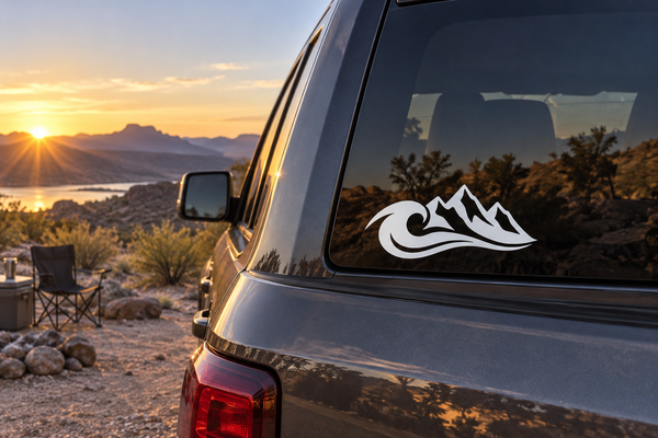 White wave and mountain vinyl decal on car rear window