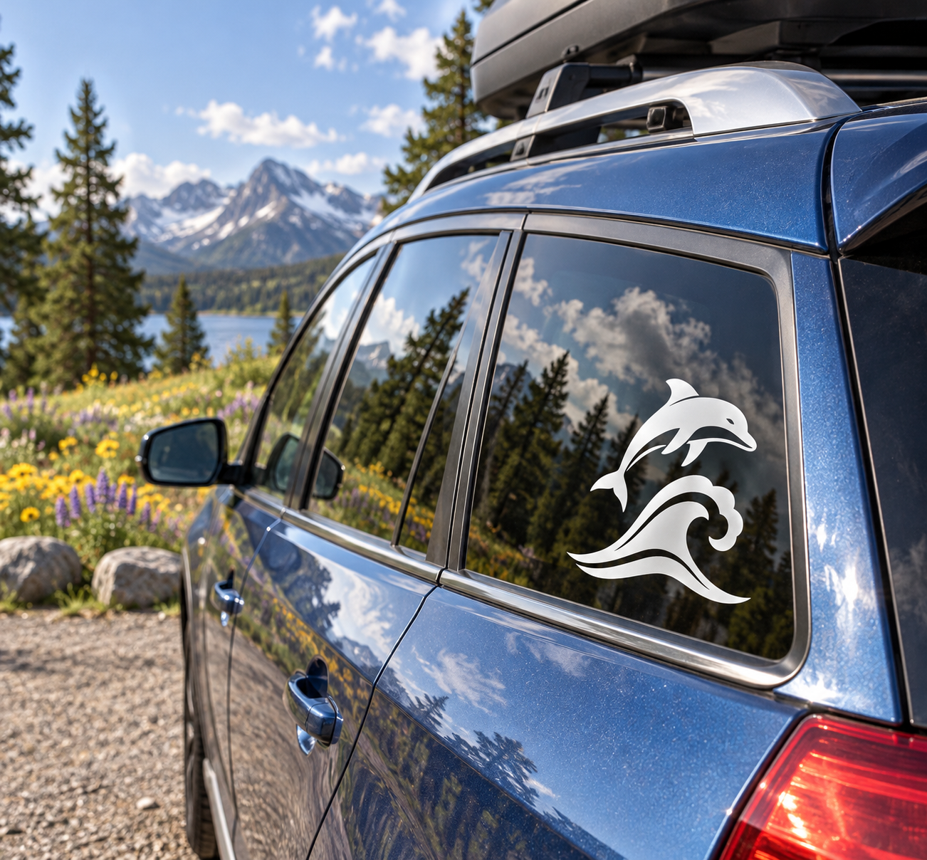 Dolphin vinyl decal with white dolphin and wave graphic on car window of blue van