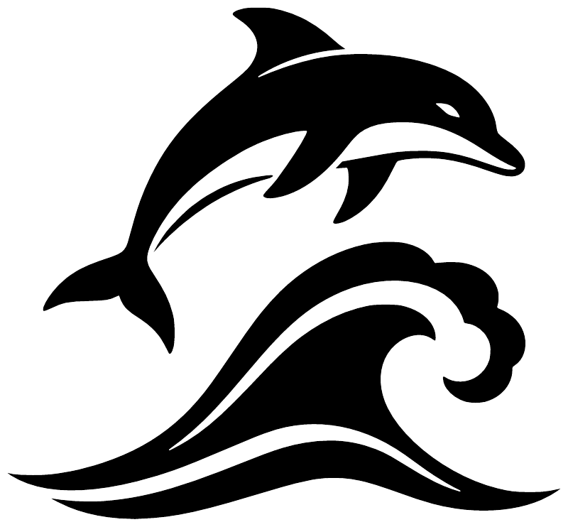 Dolphin vinyl decal with black-and-white dolphin and wave swirl graphic on white background