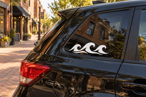 Car window wave vinyl decal with white three-wave swirl design