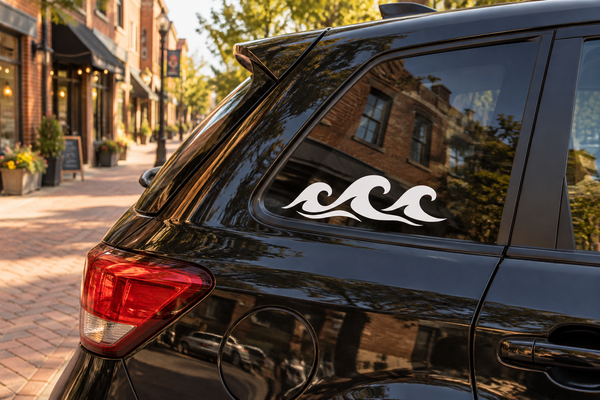 Car window wave vinyl decal with white three-wave swirl design