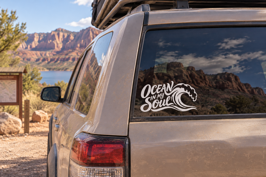 Ocean In My Soul vinyl decal on car window with wave and lettering