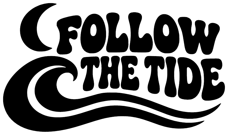 Vinyl decal design with black Follow the Tide script and white wave flourish