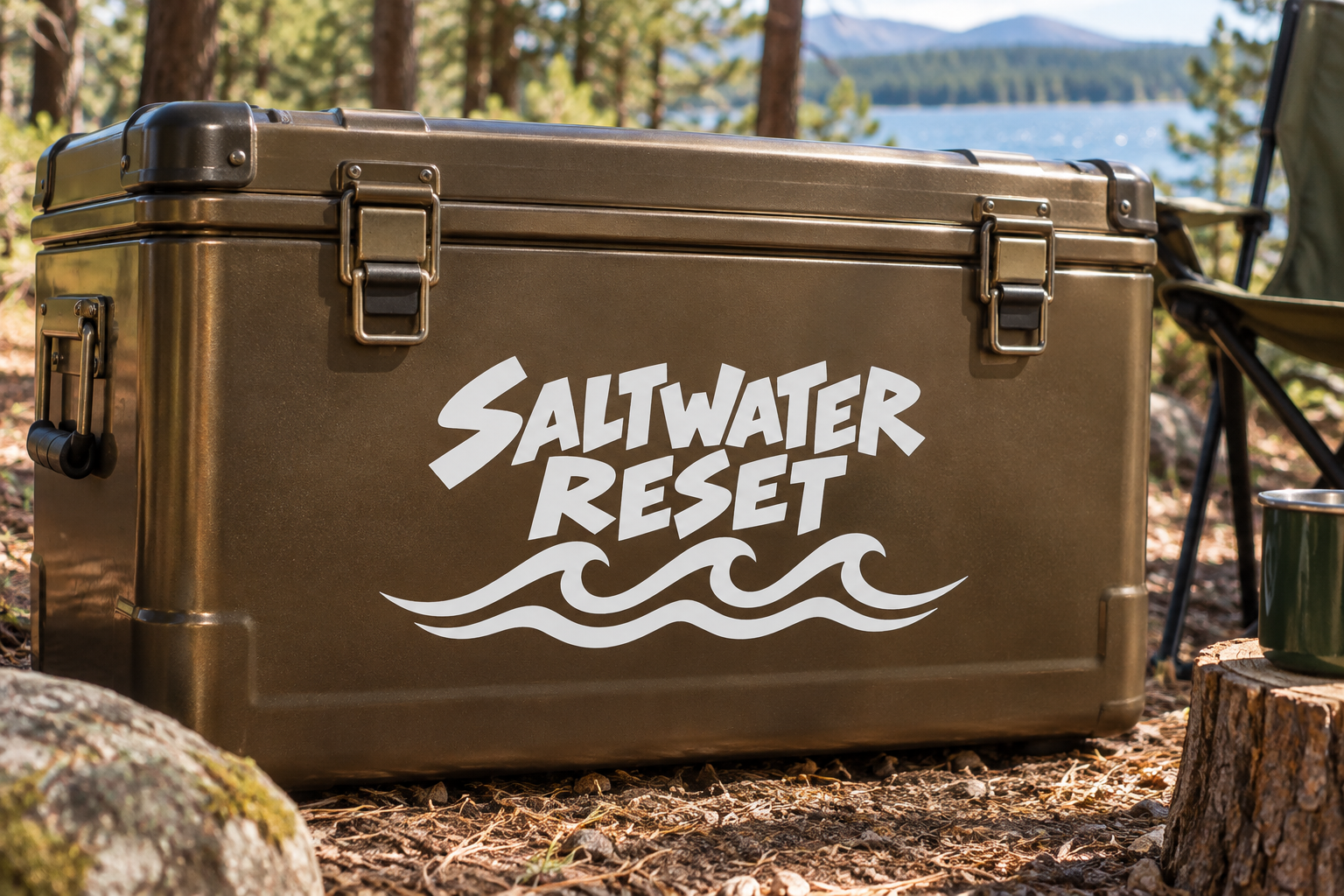Vinyl decal with white 'Saltwater Reset' lettering and wave line graphic