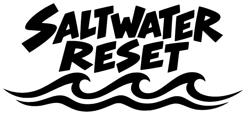 Vinyl decal: bold Saltwater Reset text with black wave lines, white background