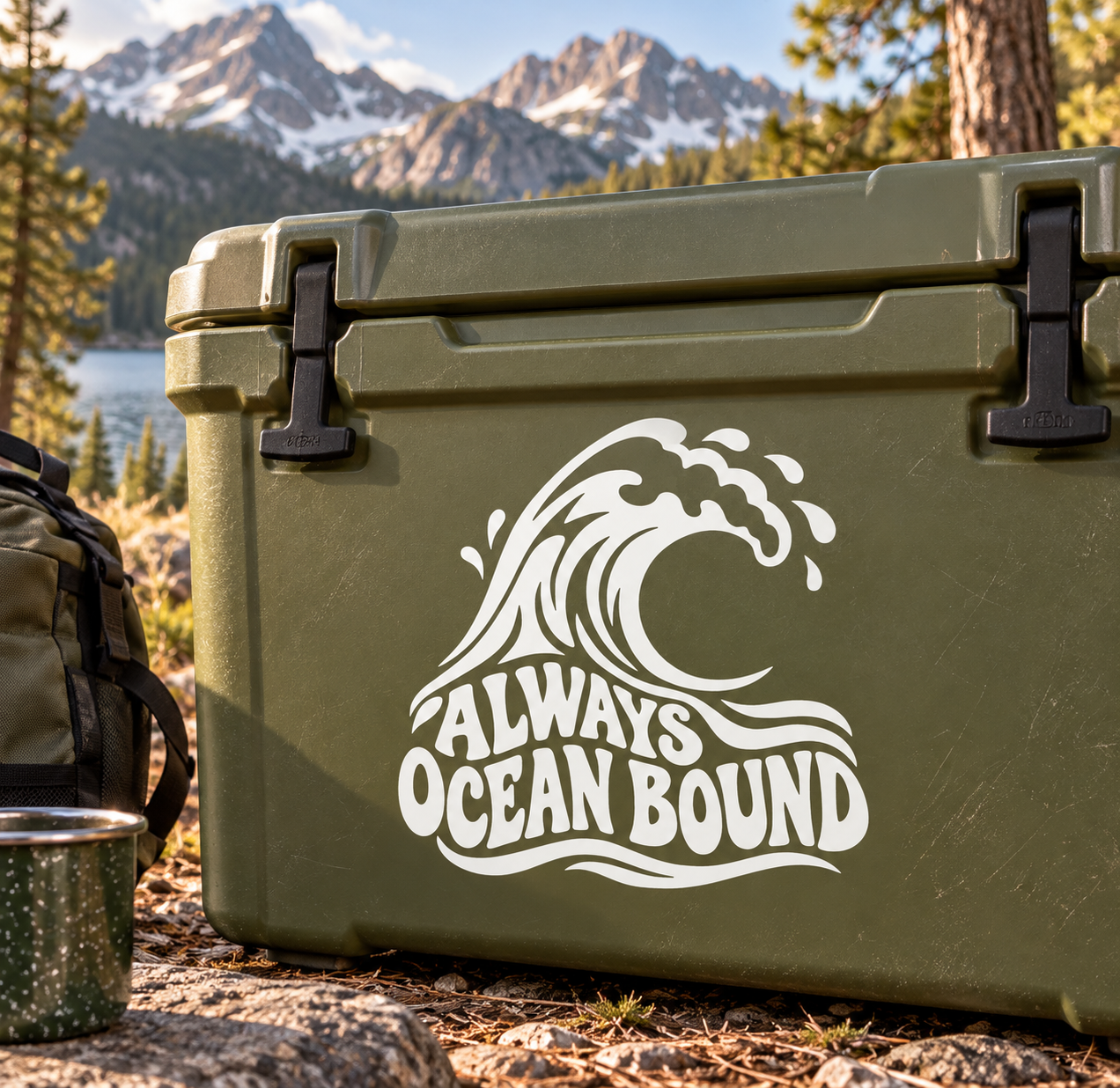 Ocean wave vinyl decal with ALWAYS OCEAN BOUND text on olive green surface