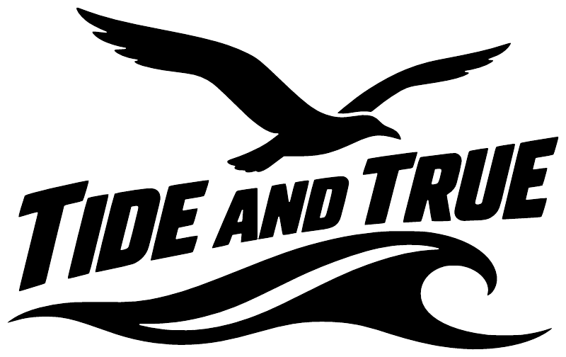 Tide And True black wave vinyl decal logo with bird silhouette, close-up