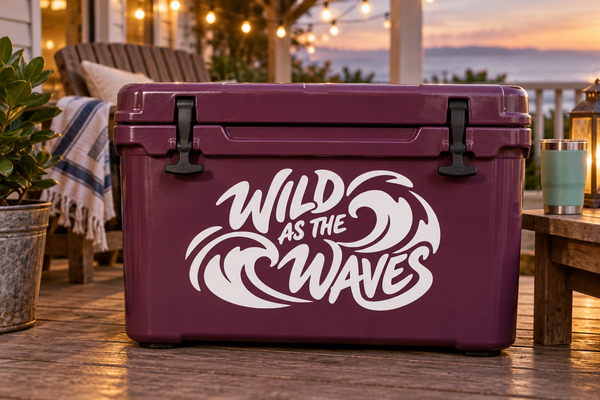 Purple cooler with white wave typography vinyl decal, Wild As The Waves
