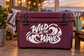 Purple cooler with white wave typography vinyl decal, Wild As The Waves