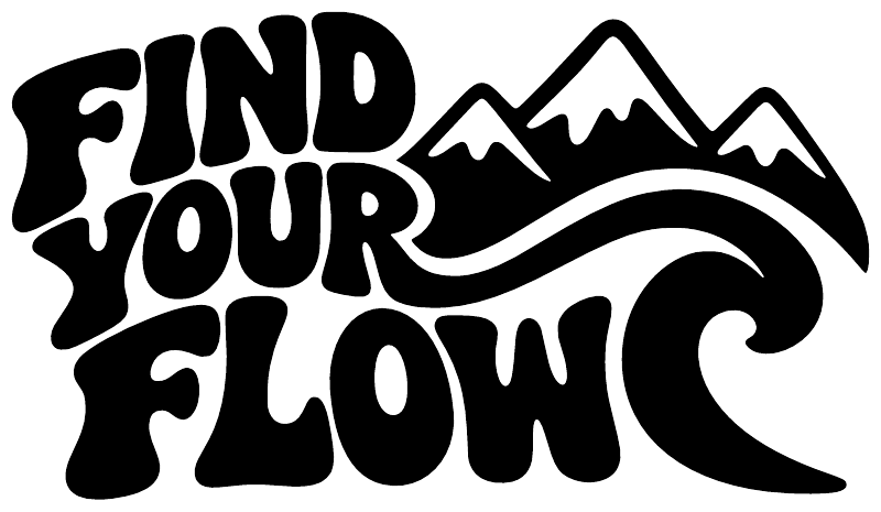 Black and white vinyl decal reading “Find Your Flow” with wave and mountain shapes
