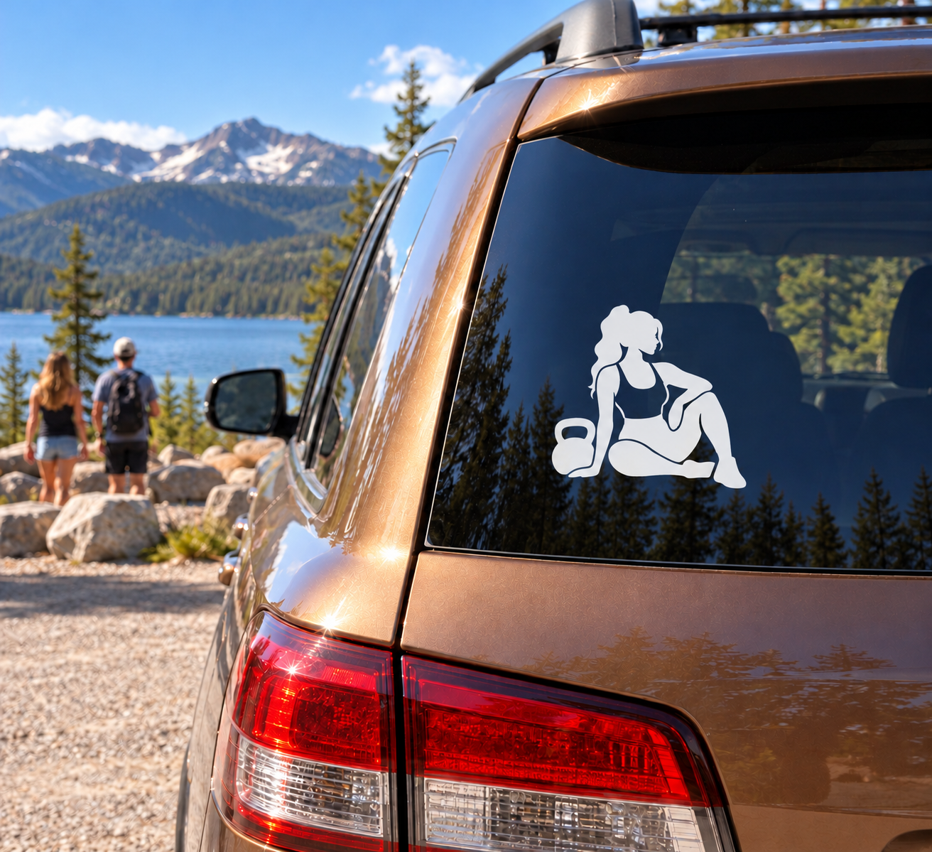 White weightlifter vinyl decal on car side window, seated barbell silhouette