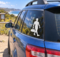 Vinyl decal of a muscular walking figure with a gym bag on a car window