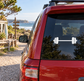 Vinyl barbell decal on car window with white bar and weight plates