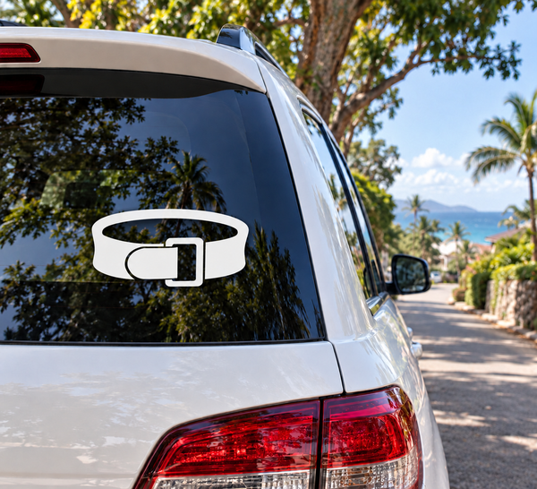 Weightlifting training belt vinyl decal, white outlined icon on car rear window