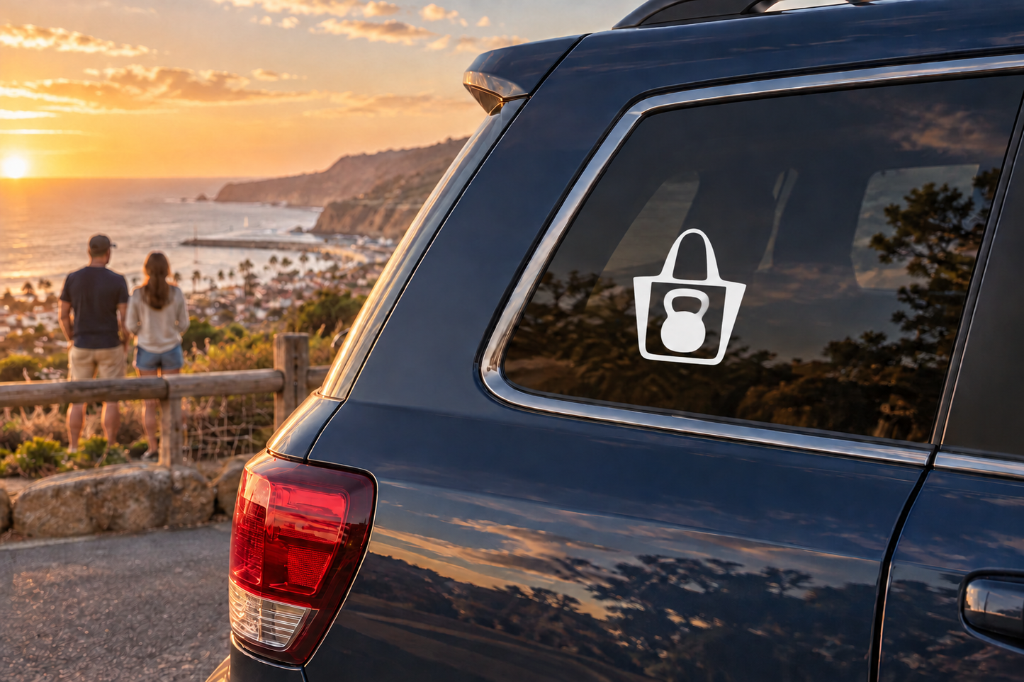 Vinyl tote decal with black tote-and-kettlebell icon on car window