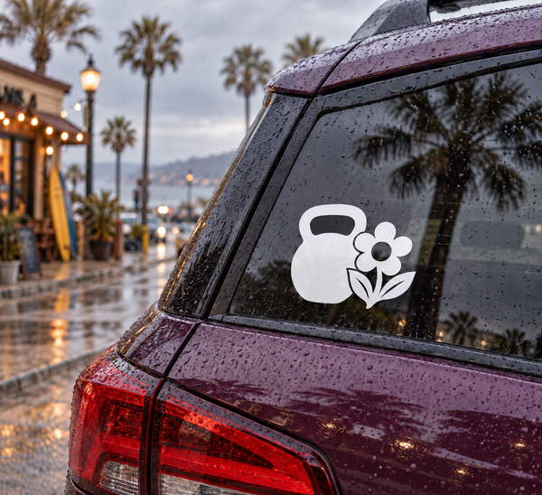 Kettlebell and flower vinyl decal, white design on dark car window