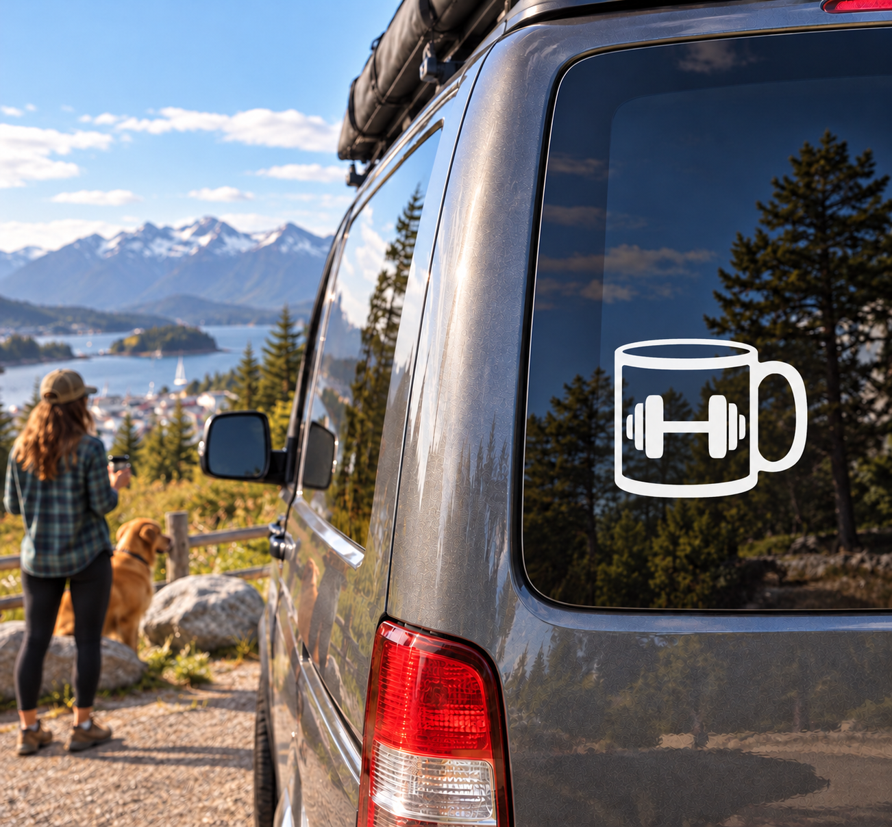 Weightlifting mug vinyl decal with barbell icon on car window glass
