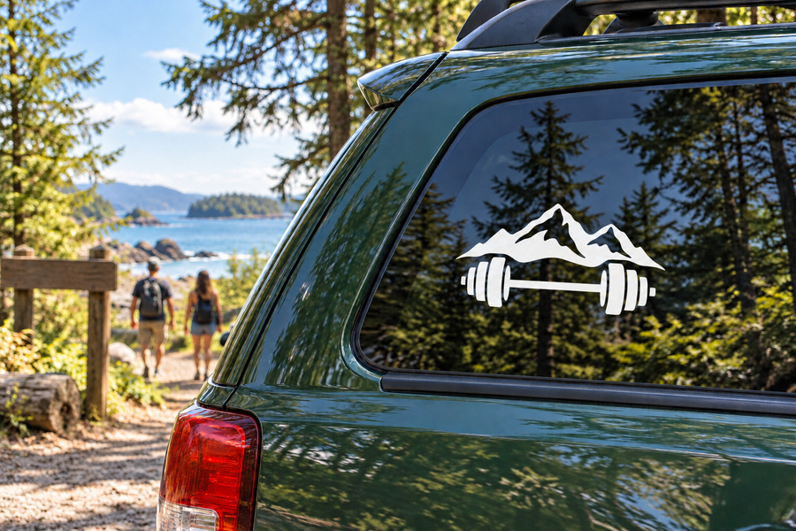 WeightliftingCX021 vinyl decal of mountains and barbell on car window