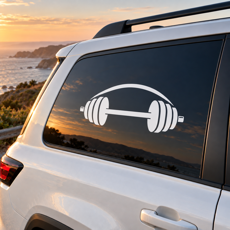 Barbell vinyl decal for car window, white barbell icon on dark glass