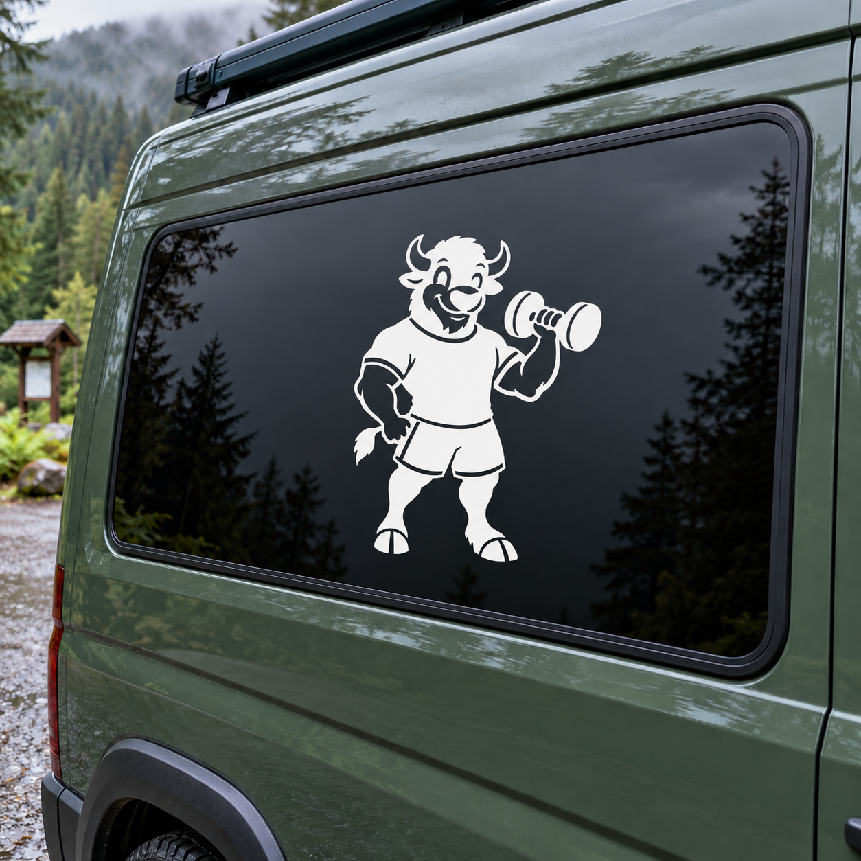 Weightlifting bison vinyl decal: white bison mascot holding dumbbell on dark surface