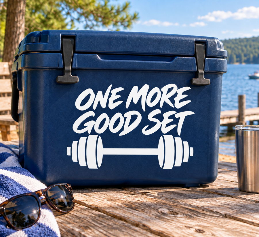 Weightlifting vinyl decal with “ONE MORE GOOD SET” and dumbbell graphic