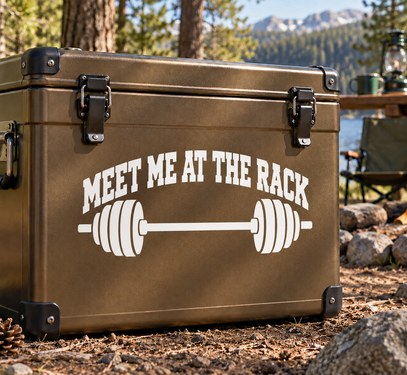 Weightlifting vinyl decal: "MEET ME AT THE RACK" with barbell icon, white