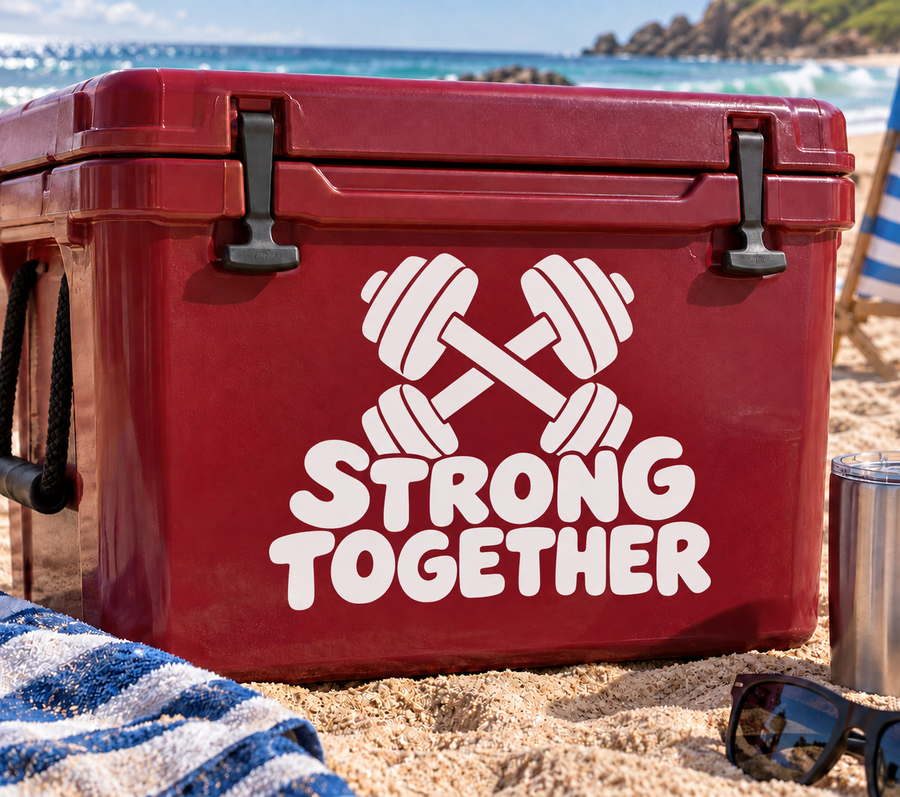 Red vinyl decal with white dumbbells and “Strong Together” text on cooler