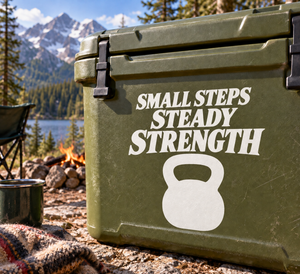 Weightlifting vinyl decal: “Small Steps Steady Strength” with kettlebell icon