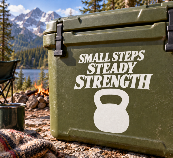 Weightlifting vinyl decal: “Small Steps Steady Strength” with kettlebell icon