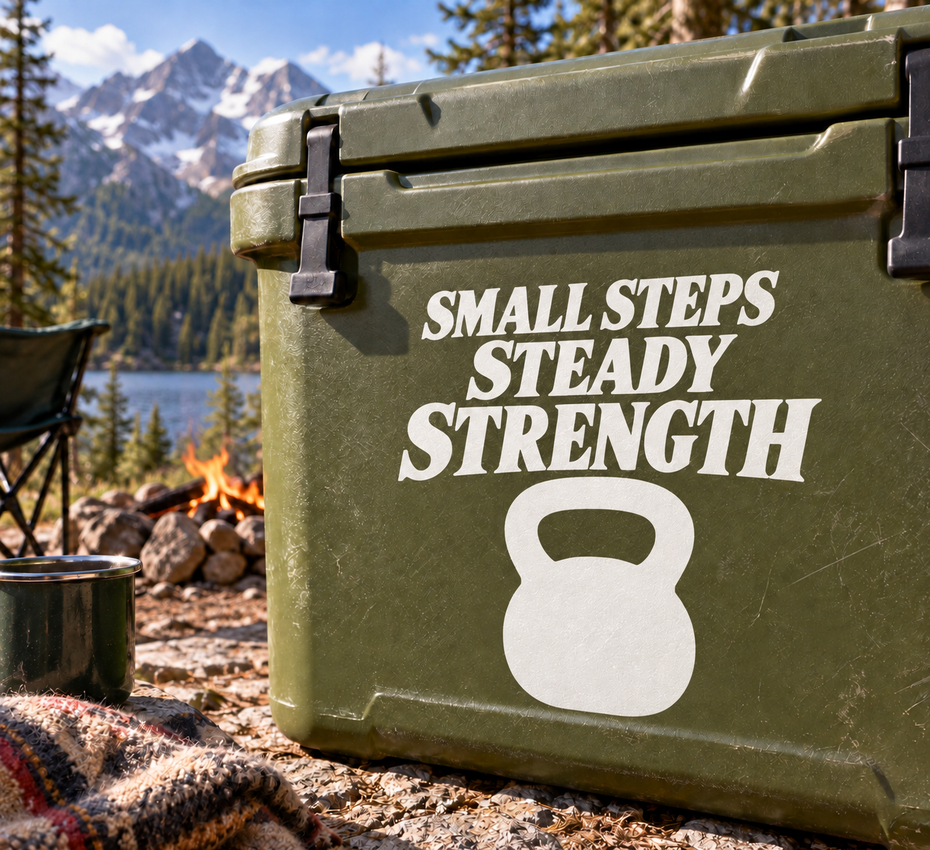 Weightlifting vinyl decal: “Small Steps Steady Strength” with kettlebell icon