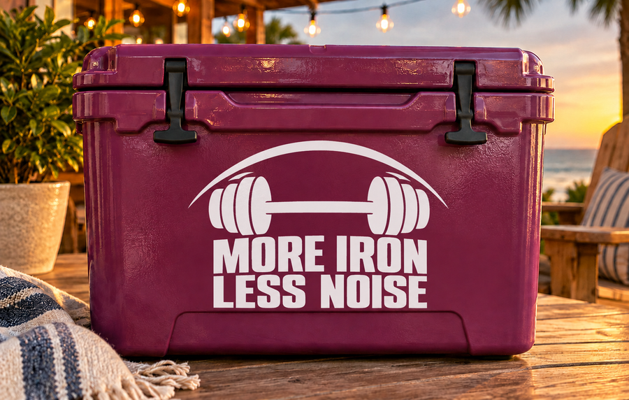 Weightlifting vinyl decal with barbell icon and white “MORE IRON LESS NOISE” text
