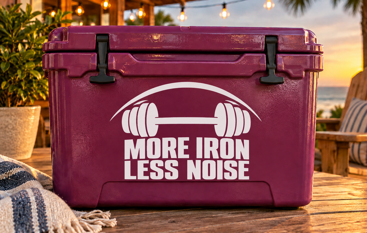 Weightlifting vinyl decal with barbell icon and white “MORE IRON LESS NOISE” text