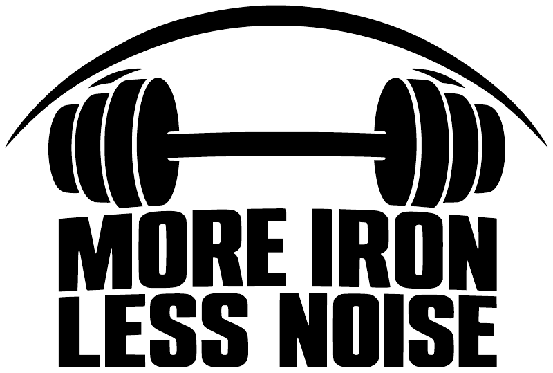 Weightlifting vinyl decal with black barbell icon and “MORE IRON LESS NOISE” text