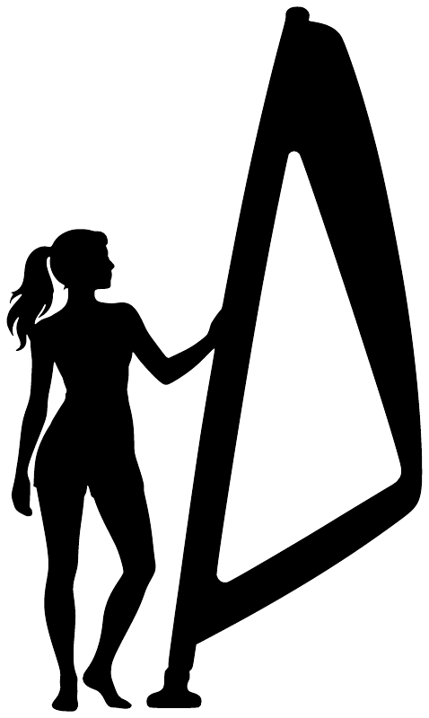 Black windsurfing decal silhouette: person holding sail next to large sail outline.