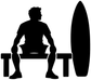 Black surfer vinyl decal silhouette with kneeling pose, surfboard and side table