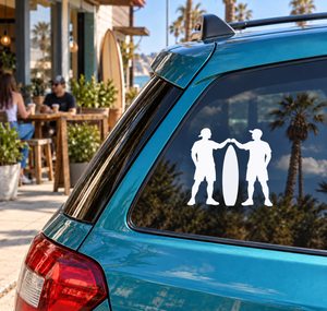 Vinyl decal showing three windsurfing silhouettes and surfboard on a car window