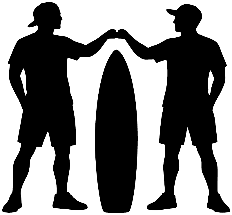 Vinyl decal of two windsurfers holding a surfboard silhouette set, black on white