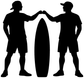 Vinyl decal of two windsurfers holding a surfboard silhouette set, black on white