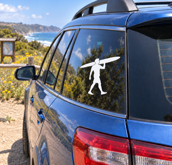 White windsurfer vinyl decal on car side window, standing with sailboard silhouette