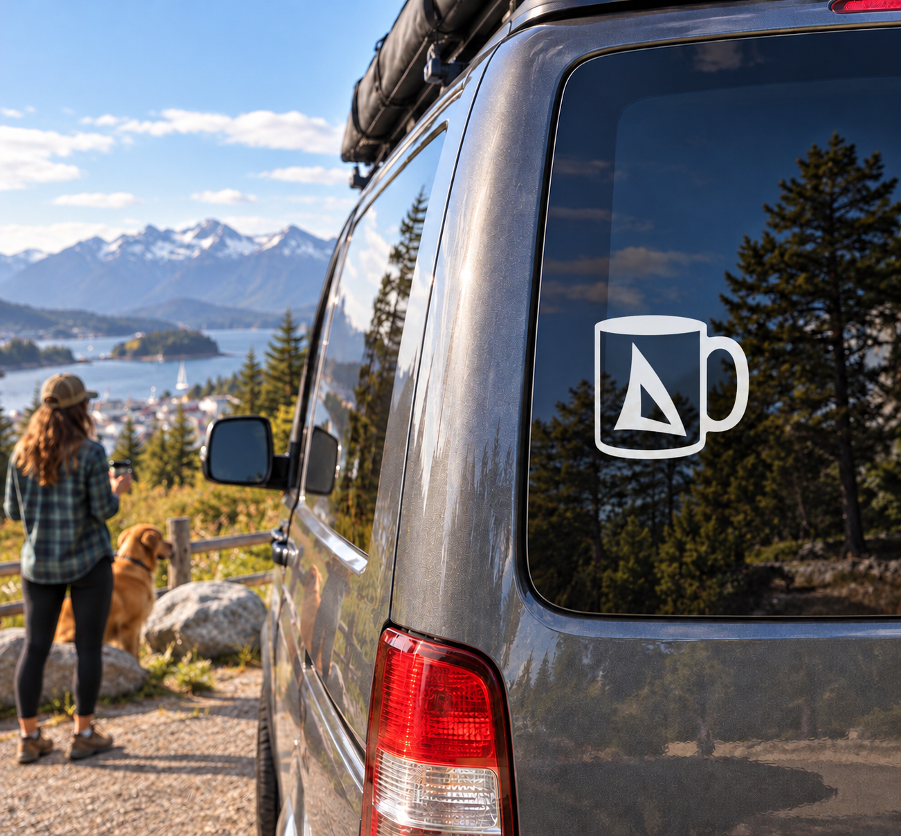 Vinyl decal of a stylized sailboat on a window, with white outline
