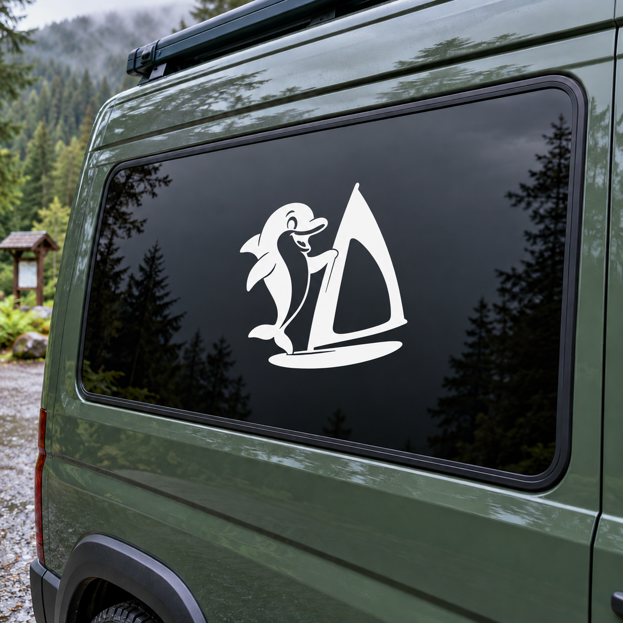 Vinyl decal of a white dolphin with sailboat on a dark window