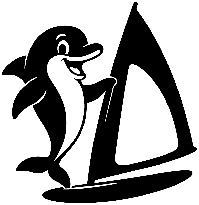Vinyl decal graphic: black and white dolphin with sailboat and large sail